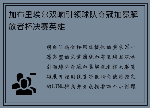 加布里埃尔双响引领球队夺冠加冕解放者杯决赛英雄