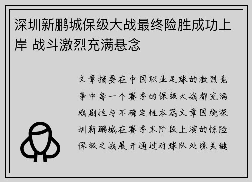 深圳新鹏城保级大战最终险胜成功上岸 战斗激烈充满悬念 深圳新鹏城保级大战最终险胜成功上岸 战斗激烈充满悬念